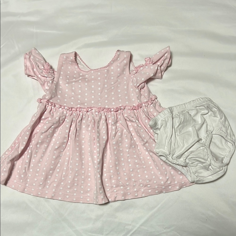 Nunu White and Pink Polka dot cotton dress with bloomer 6-9 months